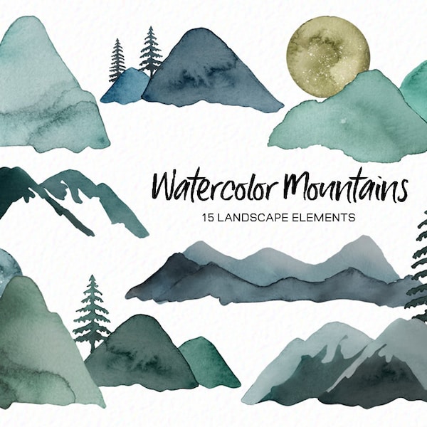 Clipart montagne aquarelle - pins - arbre clipart - paysages de montagne - clipart lune - montagne enneigée - téléchargement immédiat - usage Commercial