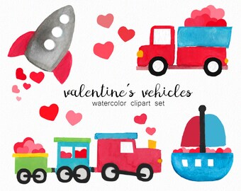 Clipart véhicule Saint-Valentin peint à la main – aquarelle camion et train (téléchargement numérique)