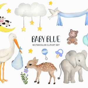 Baby blue clipart -baby boy graphics -watercolor baby shower clipart- baby elephant clip art -stork clipart - instant download - Commercial