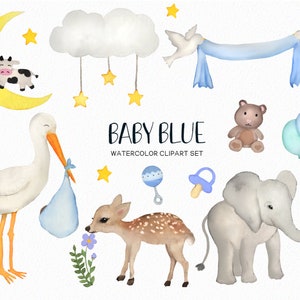 Handpainted -Baby blue clipart -baby boy graphics -watercolor baby shower clipart- baby elephant clipart -stork clipart - Commercial