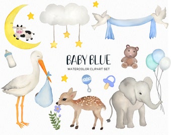 Pintado à mão - clipart azul bebê - gráficos de menino - clipart de chá de bebê em aquarela - clipart de elefante bebê - clipart de cegonha - Comercial