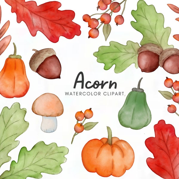 Watercolor Acorn Clipart - Fall clipart - orange pumpkin - fall leaves  - pumpkin clipart - autumn clipart - oak leaf - download