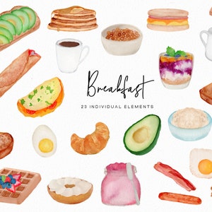 Breakfast Watercolor Clipart - Food clipart - bacon and eggs clipart - pancake clip art - brunch clipart - instant download - Commercial Use