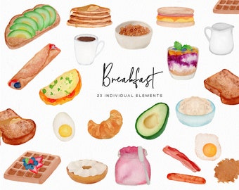 Handpainted Breakfast Food Watercolor Clipart – 23 PNG Images (Commercial Use)
