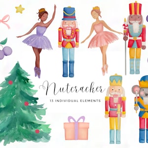 May include: Watercolor illustrations of a Nutcracker, a ballerina, a Christmas tree, a gift box, and other holiday elements. The Nutcracker is wearing a red and blue uniform with a gold crown. The ballerina is wearing a pink tutu and a gold crown. The Christmas tree is green and decorated with red ornaments. The gift box is pink and tied with a purple ribbon.