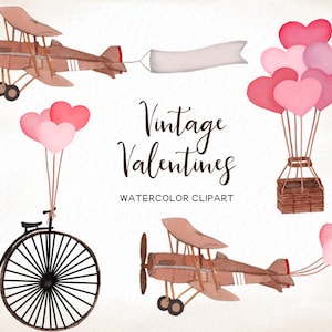 Vintage vehicles clipart - valentines clipart- vintage plane biplane clipart - vintage transportation - hot air balloon -Commercial