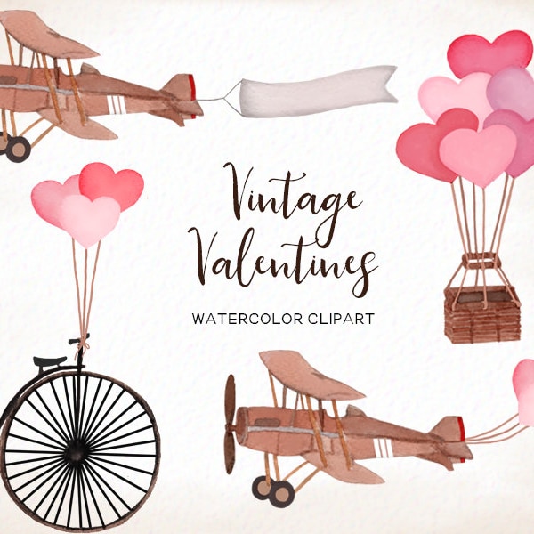 Vintage vehicles clipart - valentines clipart- vintage plane biplane clipart - vintage transportation - hot air balloon - instant Commercial