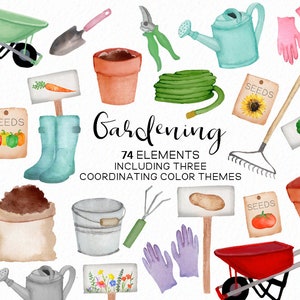 Handpainted HUGE Gardening Clipart set, Watercolor Garden, Vegetables, Garden tools, Shovels, Rakes, Flowers, Pots, Wheelbarrow, commercial