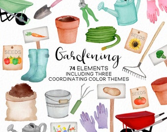 Handpainted Watercolor Gardening Clipart Set: 74 Garden Elements (Commercial Use)