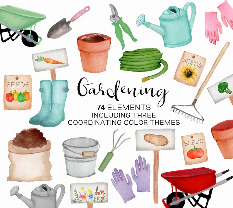 May include: A watercolor illustration of gardening tools and supplies, including a wheelbarrow, watering can, gloves, rake, shovel, and a bag of soil. The illustration also includes a variety of plants, flowers, and vegetables. The text "Gardening 74 Elements Including Three Coordinating Color Themes" is included in the image.