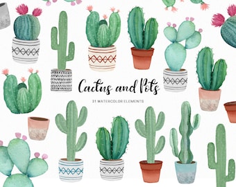 Handpainted Watercolor Cactus Clipart: Boho Succulents (Commercial Use)