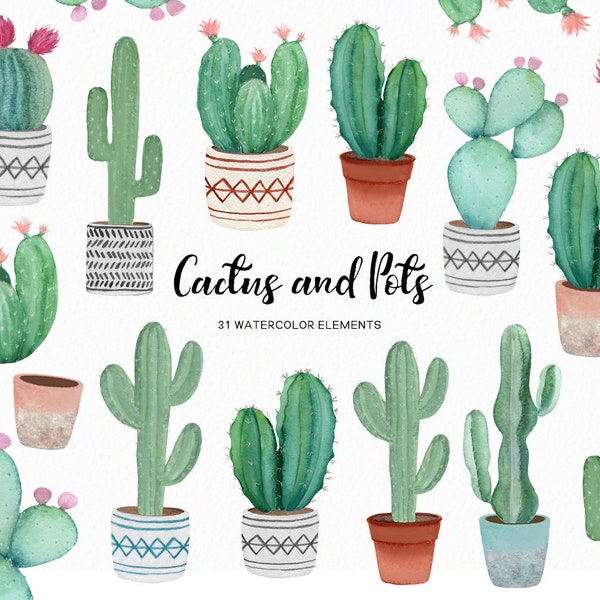 Watercolor cactus - succulent clipart - watercolor succulents  -cactii clipart boho rustic - pot clipart - instant download - Commercial use