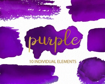 Op de afbeelding: Tien paarse aquarel penseelstreken in verschillende vormen en maten. Het woord "purple" is geschreven in gouden letters.