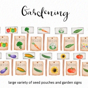 May include: A set of 12 watercolor illustrations of garden signs with various vegetables and flowers. Each sign has a brown wooden stick and a beige paper label with the word "SEEDS" printed on it. The vegetables include sweet potato, bell peppers, broccoli, carrots, cauliflower, peas, eggplant, corn, cucumbers, sunflowers, tomatoes, and zucchini.