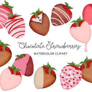 May include: Watercolor clipart of chocolate covered strawberries. The strawberries are dipped in different types of chocolate, including milk chocolate, dark chocolate, white chocolate, and pink chocolate. Some strawberries have white or red stripes, and some have pink hearts.