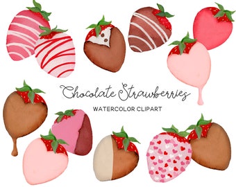 Clipart Saint-Valentin peint à la main - clipart fraise au chocolat - fraises au chocolat - clipart dessert - friandises de la Saint-Valentin - - Commercial