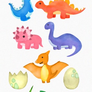 May include: A set of 10 watercolor dinosaur illustrations, including a green Tyrannosaurus Rex, a blue Stegosaurus, a red Triceratops, a pink Triceratops, a purple Brachiosaurus, an orange Pterodactyl, two yellow dinosaur eggs, a green palm leaf, and a green grass plant. The illustrations are approximately 5 to 8 inches in size.
