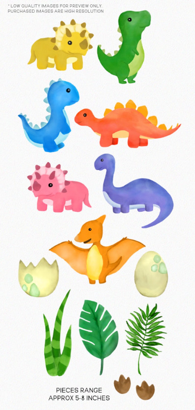 May include: A set of 10 watercolor dinosaur illustrations, including a green Tyrannosaurus Rex, a blue Stegosaurus, a red Triceratops, a pink Triceratops, a purple Brachiosaurus, an orange Pterodactyl, two yellow dinosaur eggs, a green palm leaf, and a green grass plant. The illustrations are approximately 5 to 8 inches in size.
