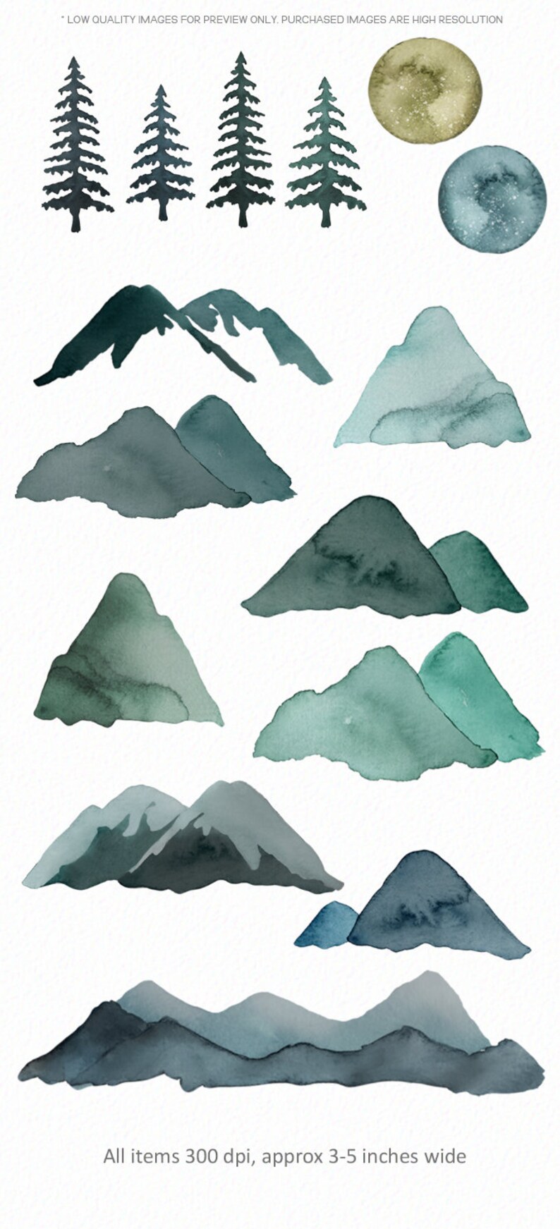 K&ouml;nnte beinhalten: Ein Set mit Aquarell-Illustrationen von Bergen und B&auml;umen. Die Berge sind in Blaut&ouml;nen und Gr&uuml;nt&ouml;nen gemalt, w&auml;hrend die B&auml;ume dunkelgr&uuml;n sind. Die Illustrationen sind perfekt, um Ihren Designs einen Hauch von Natur zu verleihen.