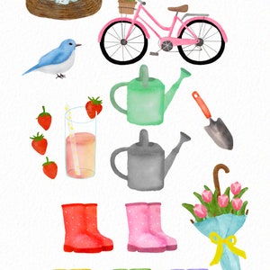 Peut inclure: Une illustration aquarelle d'objets sur le th&egrave;me du printemps, comprenant un nichoir &agrave; oiseaux, des bicyclettes, un nid avec des &oelig;ufs, un oiseau bleu, un arrosoir, une pelle, un verre de jus avec une paille, des fraises, des bottes de pluie de diff&eacute;rentes couleurs, un bouquet de tulipes, un parapluie et une flaque d'eau.