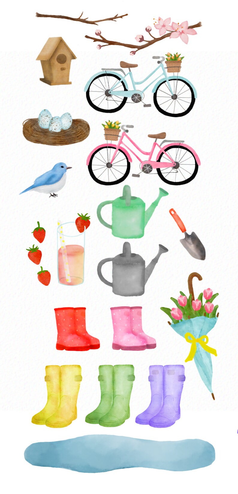 Peut inclure: Une illustration aquarelle d'objets sur le th&egrave;me du printemps, comprenant un nichoir &agrave; oiseaux, des bicyclettes, un nid avec des &oelig;ufs, un oiseau bleu, un arrosoir, une pelle, un verre de jus avec une paille, des fraises, des bottes de pluie de diff&eacute;rentes couleurs, un bouquet de tulipes, un parapluie et une flaque d'eau.