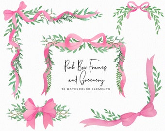 Pink Watercolor Bows - Bow frames clipart - watercolor greenery - botanical clipart - pink bows - instant download - Commercial use