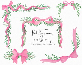 Handpainted Pink Watercolor Bows - Bow frames clipart - watercolor greenery - botanical clipart - pink bows - instant download - Commercial