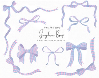 Pink and Blue Gingham Watercolor Bows - Bow frames clipart - watercolor bows - baby clipart - gender reveal - download - Commercial use -