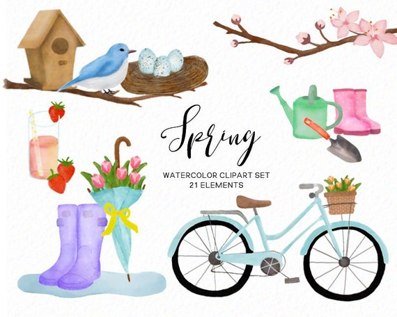 Spring clipart - Watercolor rainboots springtime - vintage bike - tulip clip art - gardening rainy day - download - Commercial Use