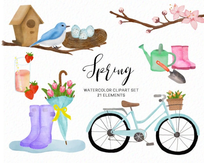 Peut inclure: Ensemble de 21 illustrations de printemps en aquarelle, comprenant un nichoir &agrave; oiseaux, un oiseau bleu, un nid avec des &oelig;ufs, une branche avec des fleurs roses, un verre de jus avec des fraises, un bouquet de fleurs roses, une paire de bottes de pluie violettes, un parapluie, un arrosoir, une pelle, un v&eacute;lo avec un panier de fleurs et le mot "Printemps".
