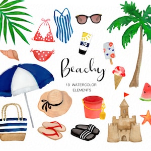 Handgemalter Strand - Aquarell Strand - Badeanzüge, tropisches Blatt, Palmen, Sandburg, Eis, Sommer Bilder, , Kommerziell