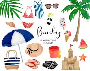 Clipart de plage peint à la main - plage aquarelle - maillots de bain, feuille tropicale, palmiers, château de sable, crème glacée, images d'été, publicité