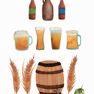K&ouml;nnte beinhalten: Zw&ouml;lf Aquarell-Illustrationen von bierbezogenen Gegenst&auml;nden, darunter Flaschen, Kr&uuml;ge, Gl&auml;ser, ein Fass, Weizen und ein Hopfenzapfen. Der Text "BEER O'CLOCK" und "12 WATERCOLOR ELEMENTS" befindet sich oben im Bild. Der Text "PIECES AVERAGE 2-5 INCHES WIDE" befindet sich unten im Bild.