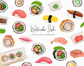 May include: Watercolor illustrations of various sushi rolls, including salmon, avocado, and shrimp. There are also illustrations of soy sauce, wasabi, and chopsticks. The text "Watercolor Sushi" and "26 Individual Elements" is included in the image.