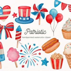 Handpainted Patriotic Watercolor clipart - Watercolor July 4th - American clipart - summer clip art - ice cream - USA clipart - fireworks
