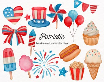 Handpainted Patriotic Watercolor Clipart – 4th of July, Summer (Digital Download)