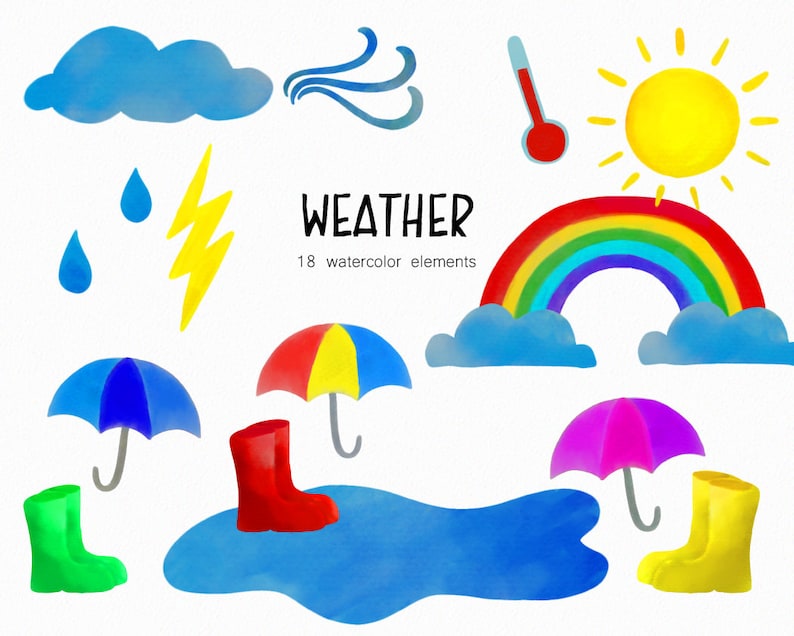 May include: A set of 18 watercolor illustrations depicting various weather elements, including a sun, a rainbow, clouds, rain, lightning, wind, an umbrella, rain boots, and a thermometer. The text "WEATHER" and "18 watercolor elements" is included in the image.