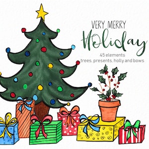 Handpainted Christmas Tree Clipart - Winter Clipart - Christmas Clipart - Holiday clipart - christmas present clipart -instant  - Commercial