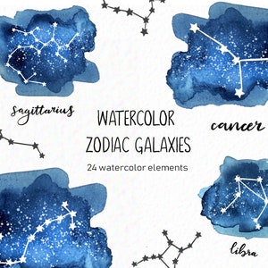 Handpainted Watercolor zodiac constellations - watercolor galaxy clipart - zodiac star signs - horoscope clipart -  download - Commercial