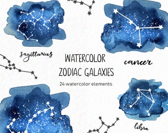 Watercolor zodiac constellations - watercolor galaxy clipart - zodiac star signs - horoscope clipart - instant download - Commercial use