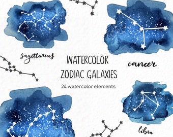 Handpainted Watercolor Zodiac Constellations Clipart (Commercial Download)