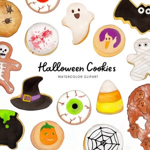 Może przedstawiać: Aquarelowe kliparty ciasteczek halloweenowych. Ciasteczka są ozdobione różnymi motywami halloweenowymi, w tym duchami, nietoperzami, dyniami, kukurydzą, oczami, kapeluszami czarownic, szkieletami i mummiami. Ciasteczka są namalowane w realistycznym stylu żywymi kolorami.