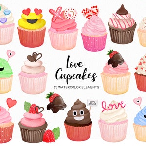 May include: A set of 25 watercolor illustrations of cupcakes decorated with various Valentine's Day themes. The cupcakes feature hearts, sprinkles, chocolate, cherries, and other romantic details. The text "Love Cupcakes" and "25 Watercolor Elements" is included in the image.