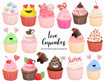 Aquarelle peinte à la main des cliparts - cupcakes de la Saint-Valentin - clipart cupcake - clipart dessert - clipart sweet clipart boulangerie--commercial