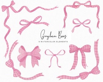 Pink Gingham Bow Clipart | Bow frames clipart | watercolor bows | baby clipart | pink bow clipart | download | Commercial | non-AI