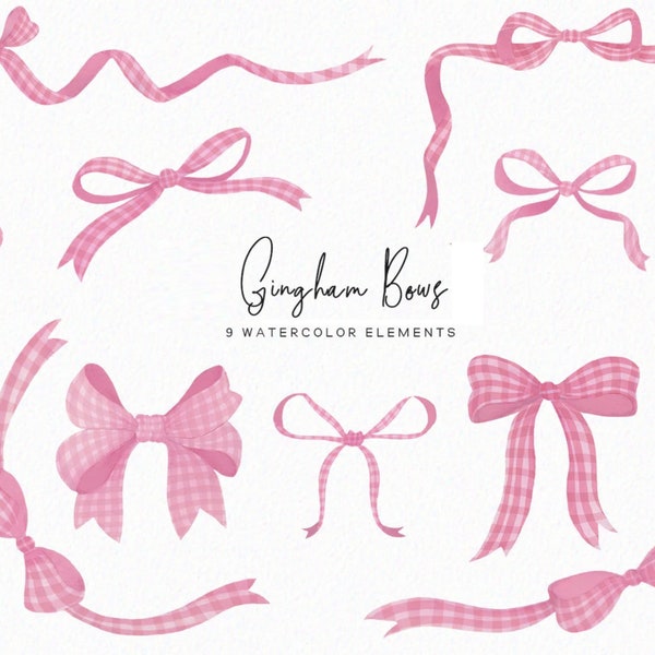 Pink Gingham Bow Clipart | Bow frames clipart | watercolor bows | baby clipart | pink bow clipart | download | Commercial | non-AI