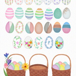 May include: A set of 40 watercolor Easter egg illustrations. The eggs are in various colors and patterns, including polka dots, stripes, floral designs, and solid colors. There are also two baskets with eggs inside.