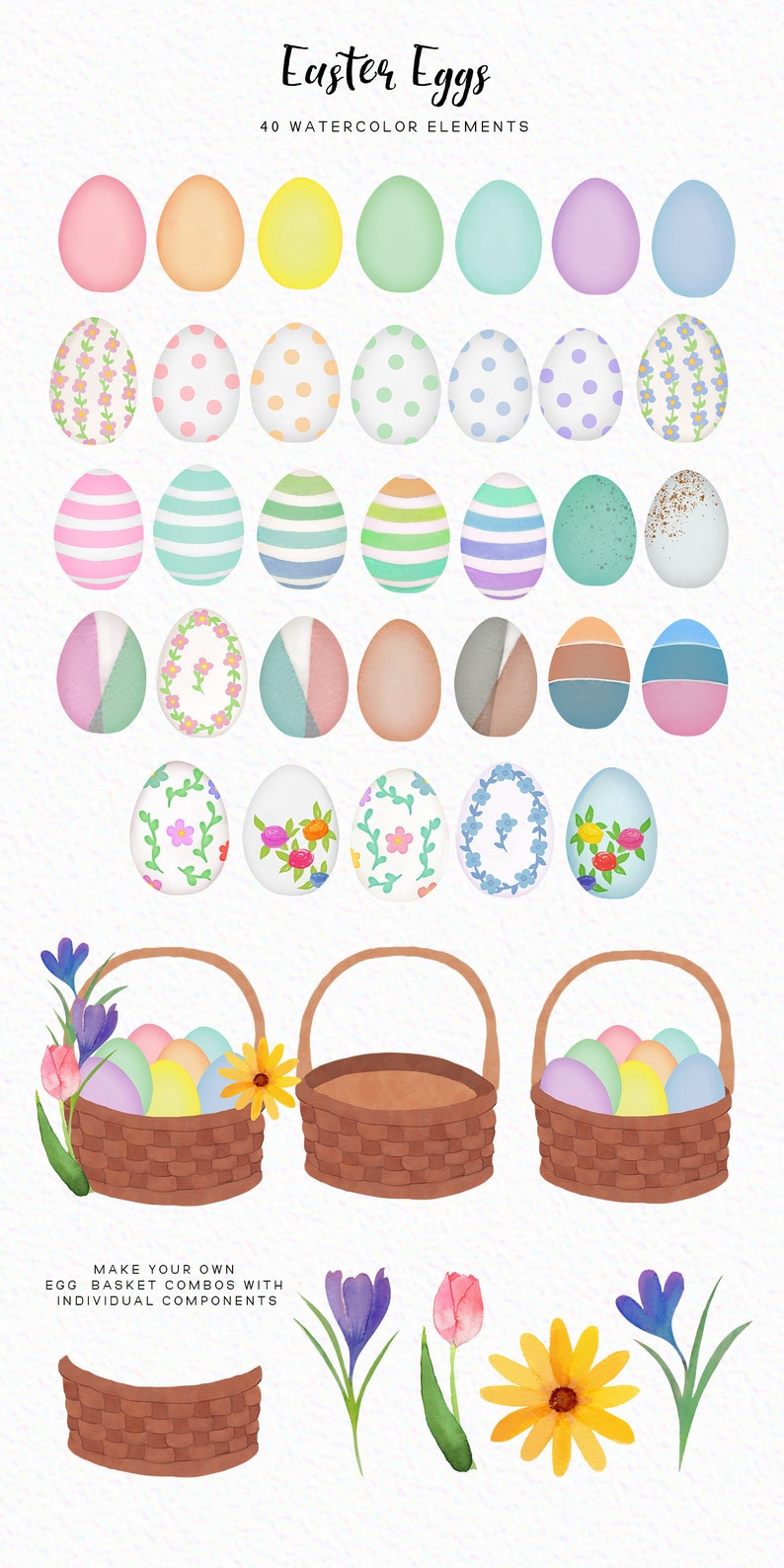 May include: A set of 40 watercolor Easter egg illustrations. The eggs are in various colors and patterns, including polka dots, stripes, floral designs, and solid colors. There are also two baskets with eggs inside.