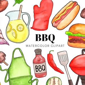 Handpainted - BBQ Clipart - watercolor summer - barbeque, cookout clipart - food clipart - burger, hot dogs - grilling clipart - tailgate -
