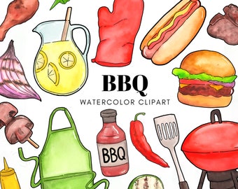 Handpainted - BBQ Clipart - watercolor summer - barbeque, cookout clipart - food clipart - burger, hot dogs - grilling clipart - tailgate -